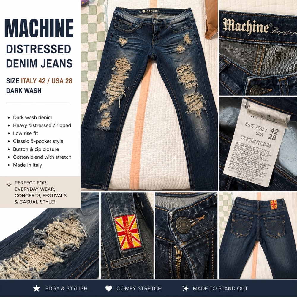 Machine Distressed Slim Jeans - Dark Blue